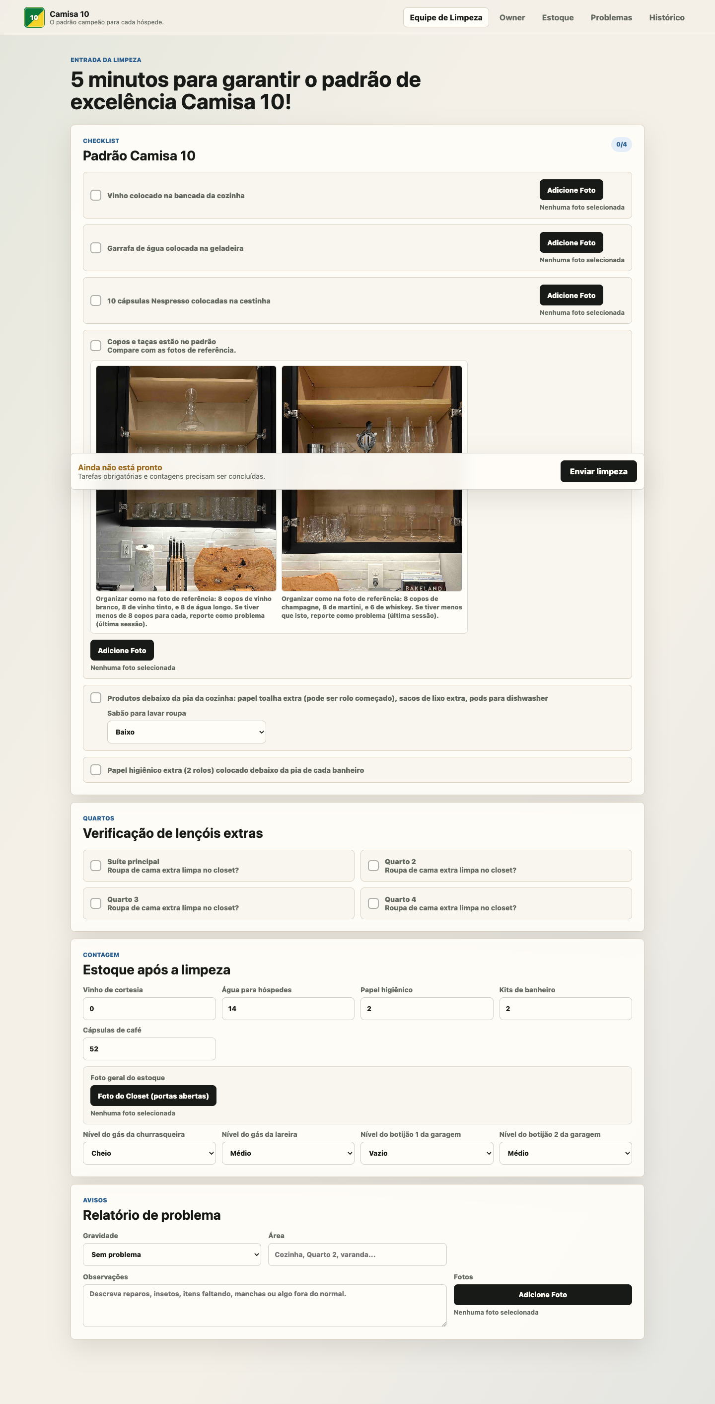 Camisa 10 cleaner checklist with required photo buttons and glassware reference photos.