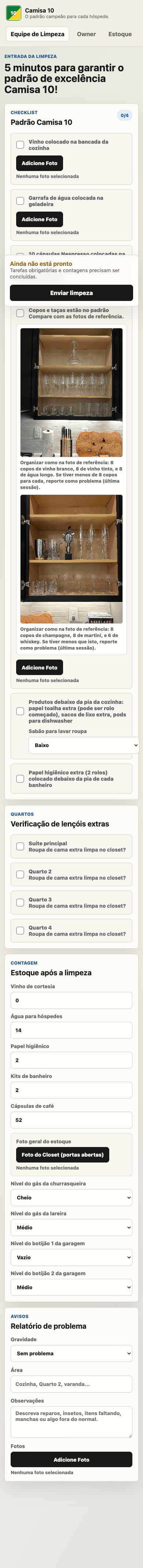 Mobile view of the Camisa 10 cleaner checklist.